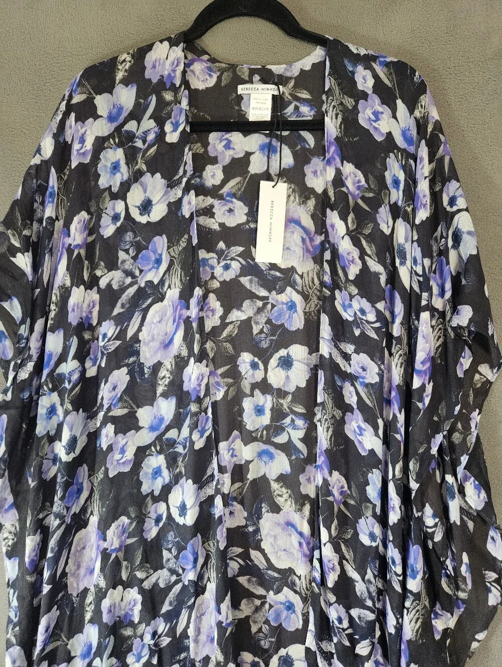 Rebecca Minkoff sheer black purple floral kimono Midnight Garden ruana wrap NWT